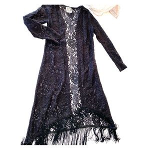 Boho Black lace and fringe kimono